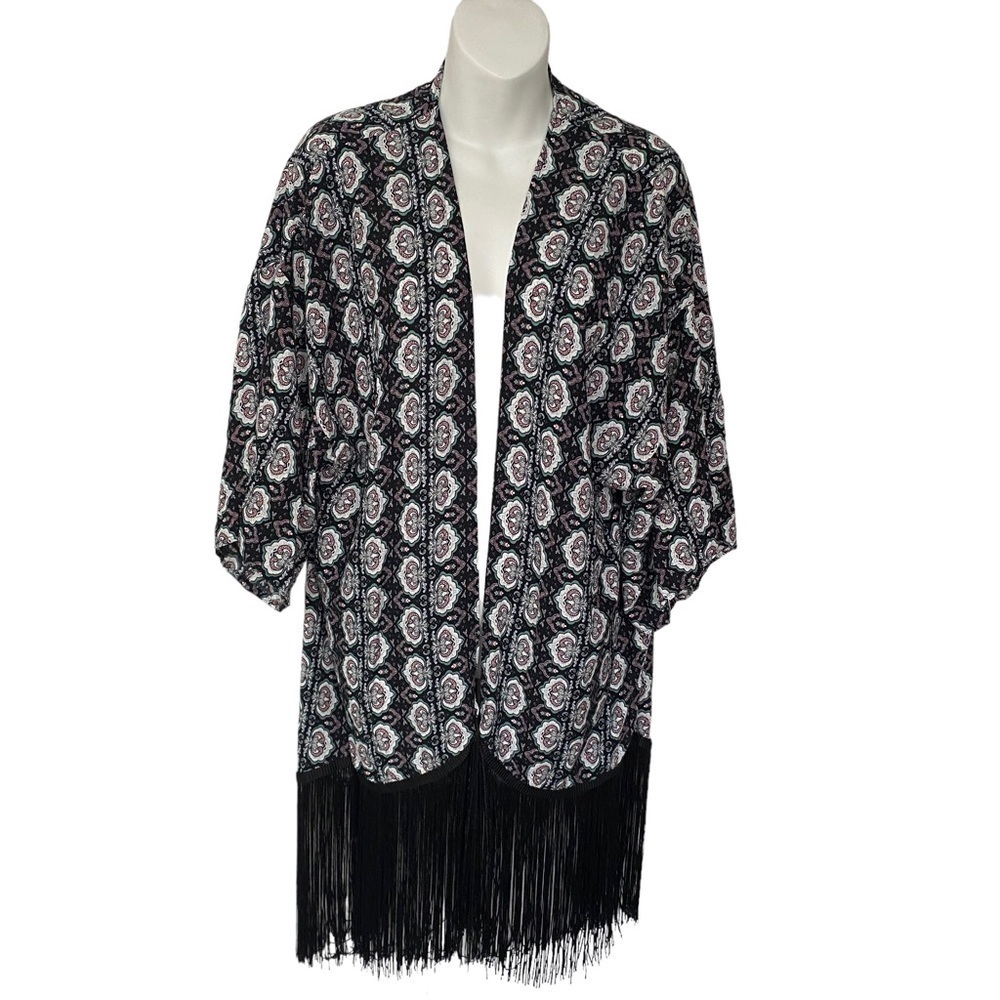 Boho Kimono Size Medium Black Print Fringe Light Jacket Womens Top
